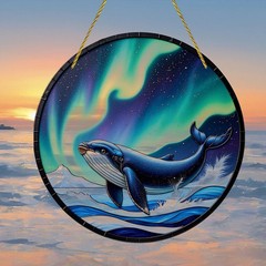 Blue Whale Northern Lights Ocean Wave Glass Suncatcher Window Hanging Decor