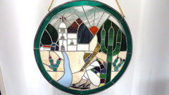 Vintage Stain Glass & Copper CHURCH & CACTUS Round Window Suncatcher 17.5 “