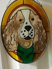 5 X 7 Vintage Decorative Sun catcher Stained Glass Window Art Dog