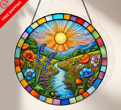 KWYADLUO Stained Glass Window Hanging, Scenery Sun 7.87inch, Multi Color