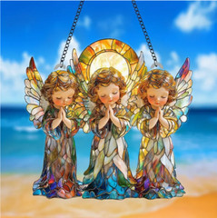 Darling Angel Trio Suncatcher, 8in, Bright Acrylic, Stained Glass Look, 2D