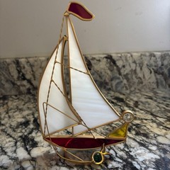 Handmade Stained Glass Sailboat Suncatcher Red Hull White Sails Nautical Decor