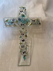 Amia Vintage Window Art Hand Painted Glass Suncatcher 10 X 6.5” Cross 1990s