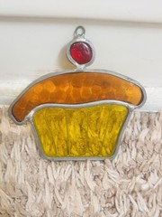 Stained Glass Cupcake Suncatcher Orange Frosting With Red Cherry On Top