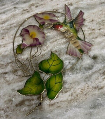 Vintage Suncatcher Capiz Shell Hummingbird Flowers Hand Painted