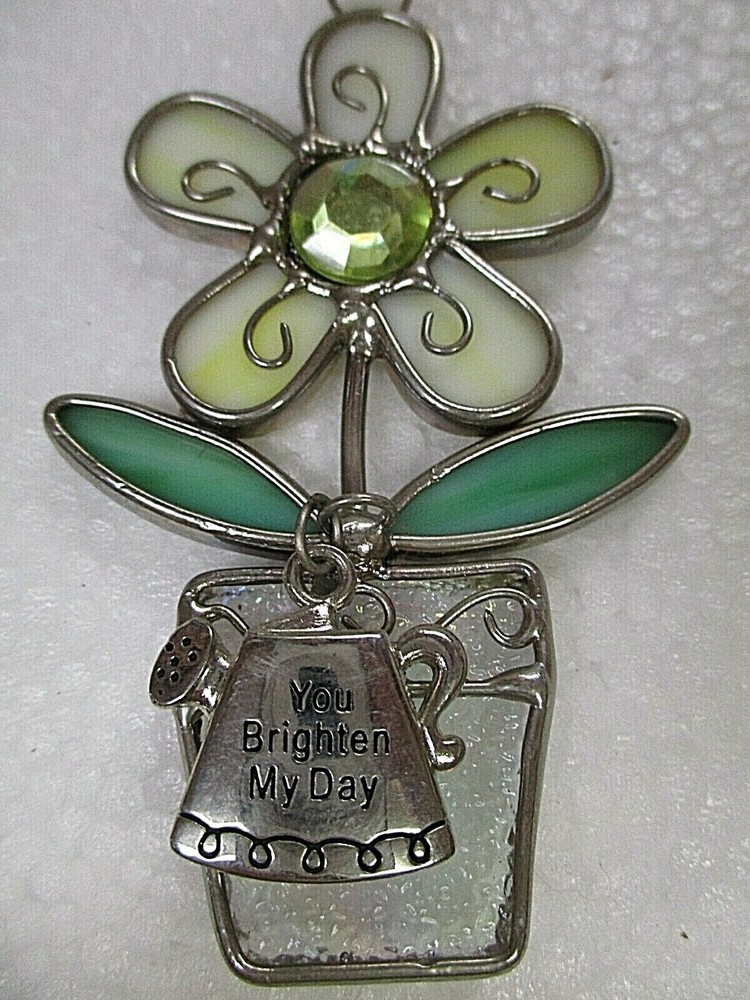 Ganz Stained Glass Suncatcher Flower Pot with metal Charm ~ You Brighten Day (16