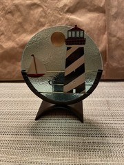 Lighthouse Hand Painted Glass, Metal Stand 7”Suncatcher
