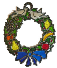 Vintage Plastic Window Suncatcher Stained Glass Christmas Wreath 9″ Tall Fruit
