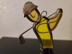 Stained Glass Golfer Swinging with Yellow Shirt and red Pants figure statue