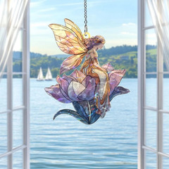 Fairy on Lotus Flower Acrylic Suncatcher Fantasy Window Hanging Gift Decor