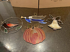 Lot of 4 Vintage Stained Glass Christmas Window Suncatchers Cardinal Pumpkin An
