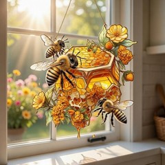 Honeybee Honeycomb Window Suncatcher: Stained Glass Style Acrylic Bee Garden Han