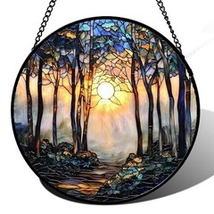 Forest Sunrise Stained Glass Suncatcher – Blue Brown Tree Window Decor 6.3″ Gift