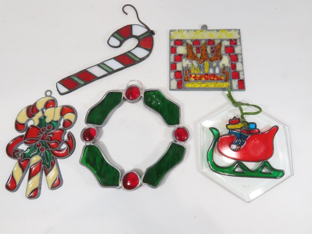 Christmas Stained Glass Ornaments Suncatchers Vintage Lot Of 5 D80