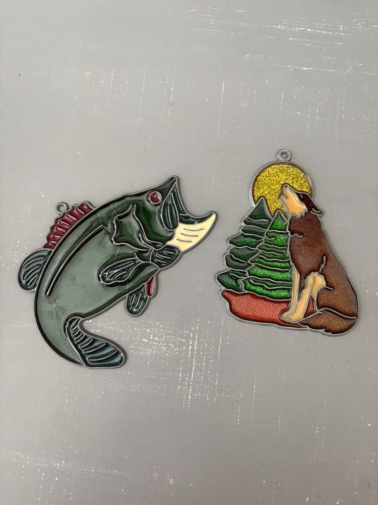 2 Vintage Leaded Stained Glass Sun Catchers Wolf Bass Fish Wilderness Forest