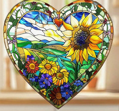 SUNCATCHER-Heart Sunflowers, Acrylic Suncatcher Window Decor 8×8
