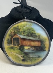 Stained Glass Hand Wrought Aluminum Edge Covered Bridge Sun Catcher Wall Hanger