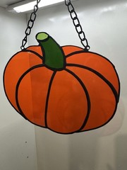 Stained Glass Pumpkin Hanging Suncatcher w/ Chain, Orange Green Black