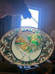 Vintage Painted Glass Painted Sun Catcher Rooster Farm Sunflowers
