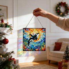 Orca Stained Glass Window Hanging, Blue Ocean and Sunset Suncatcher Diamond G…