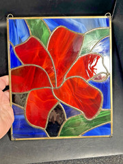 Vintage Handmade Hibiscus Flower Stained Glass Panel Sun Catcher 9″x8″