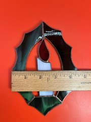 Stained Glass CHRISTMAS Candle Holly Sun Catcher Ornament VTG 6.4”x 4.5”
