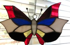 Vintage Handmade Stained Glass Butterfly Suncatcher Red Blue Yellow Black Art