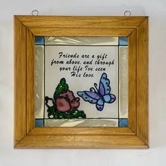 Vintage Friendship Butterfly Faux Stained Glass Wood Framed Suncatcher 8.5×9.5″