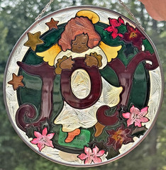 Vintage Joan Baker Stained Glass Sun Catcher Hand Painted Christmas Joy 7″