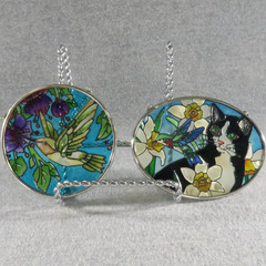 Joan Baker Hummingbird and Tuxedo Cat Suncatcher Pair Daffodils Window Art