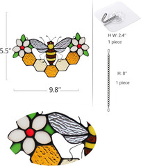 Bee Decor Stained Glass Window Hanging,Honeybee Honeycomb with Flowers Suncatche