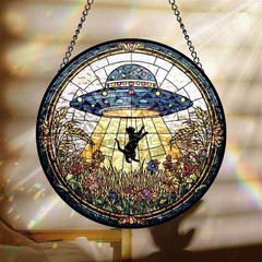 UFO Abduction Black Cat Wildflowers Stained Glass Suncatcher, Unique Gifts