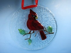 FUSED GLASS Cardinal Bird Hanging Suncatcher-USED