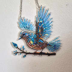 Blue Bird on Branch Hanging Suncatcher Window Decor, Plastic Metal, Chain