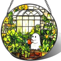 8” Halloween Ghost Greenhouse Sun Catcher Ornament, Stained Glass Window Han…