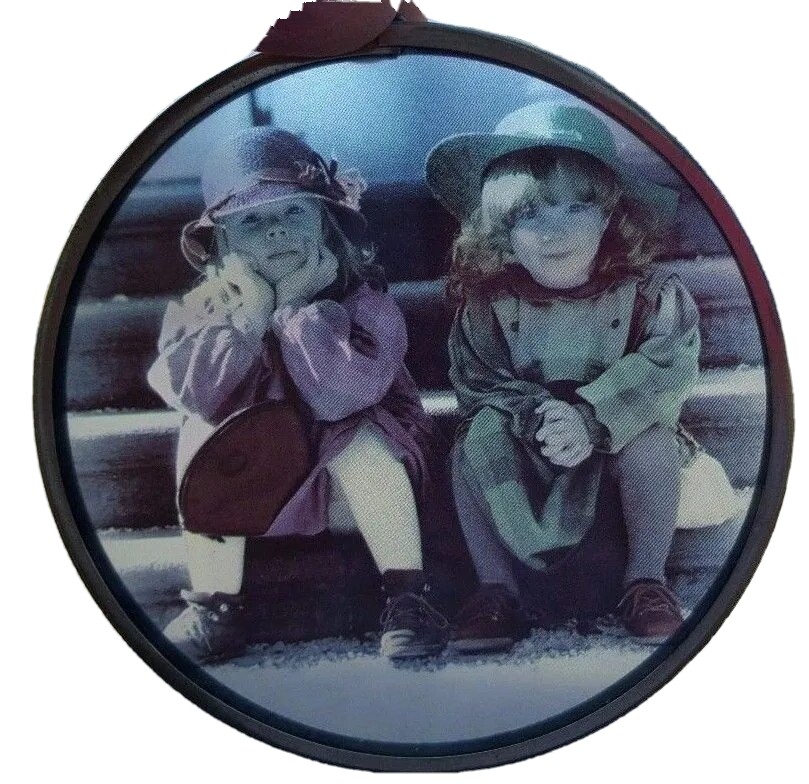 Children old photo dress up circle shape silver tone edge suncatcher 3 1/8 in d