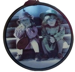 Children old photo dress up circle shape silver tone edge suncatcher 3 1/8 in d