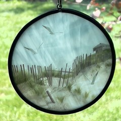 Set of 2 Denise Patchell Olson Print on Glass Seaside Beach Scene Suncatchers 5″