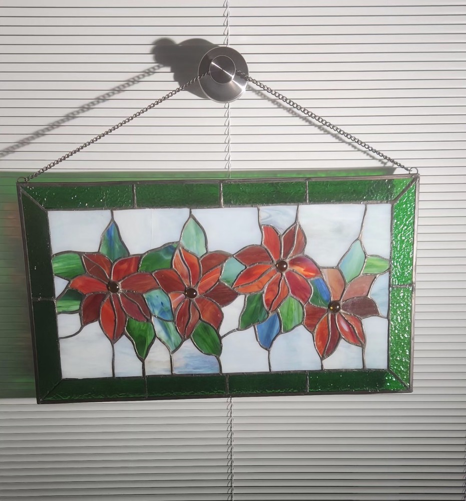 Antique Stained Glass Window Wall Hanging Suncatcher Leaded 18″ X 10″