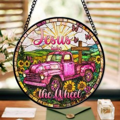 Bible Verse Floral Cross Faux Stained Glass Suncatcher Christian Gift Decor