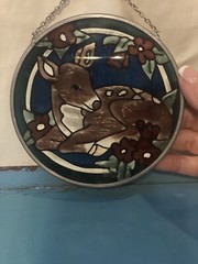 Vintage Hand painted glass Deer Sun catcher Encased In Pewter With Chain 4.5”