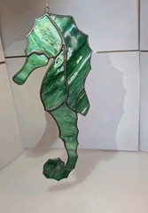 Handcrafted Green Marbled Stained Glass Seahorse Suncatcher – 9.5″