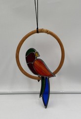 Handmade Stained Glass Parrot Suncatcher Hanging on Bamboo Ring