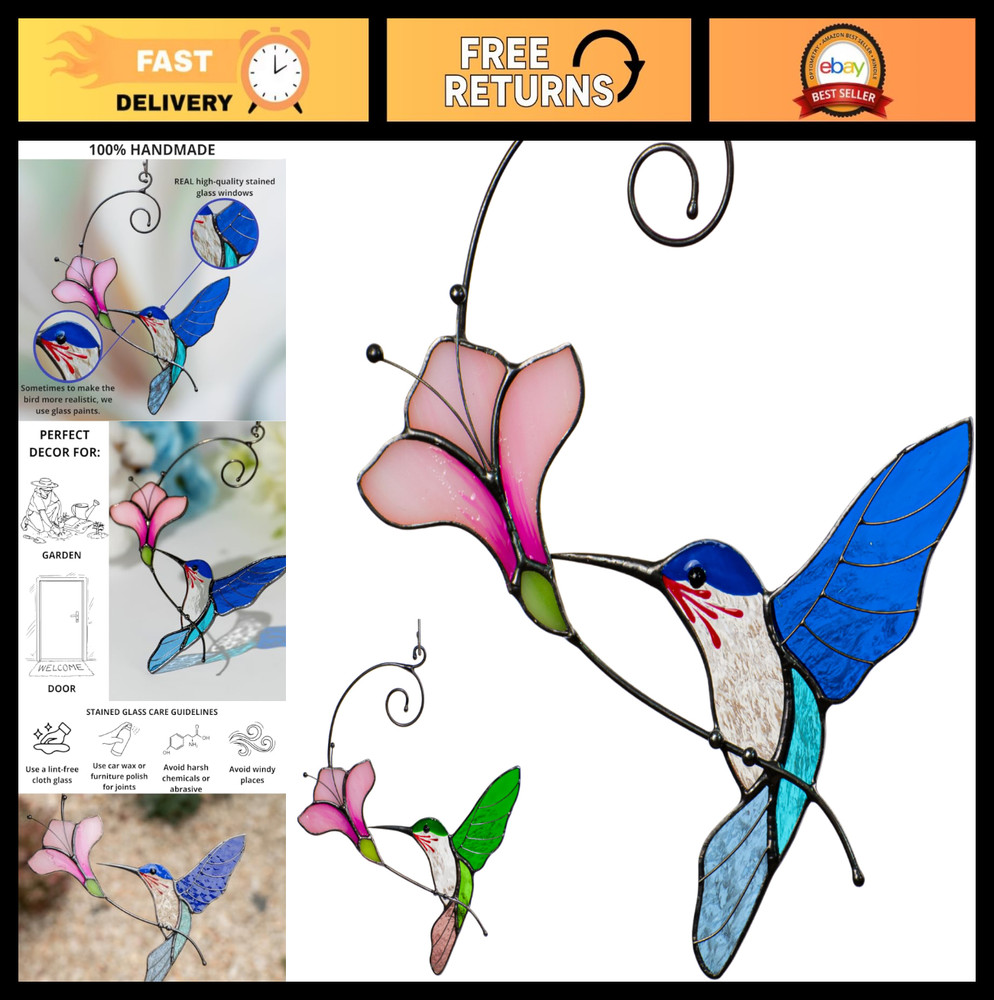 Handmade Multicolor Stained Glass Hummingbird Suncatcher – Unique Window Decor,