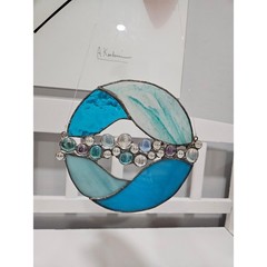 Beautiful Blue & White Handmade Stained Glass Suncatcher with Glass Pebble Gems