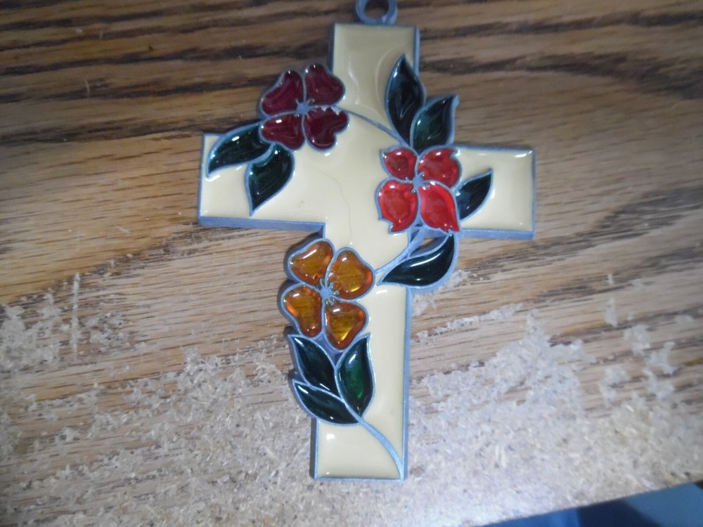 Vintage cream color with red, orange & yellow flowers cross suncatcher -4.5″ x 3
