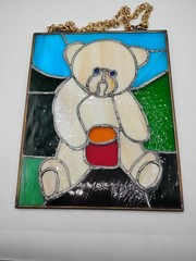 Handmade Leaded 10×8 stained glass Window Hanging Teddy Bear.