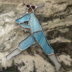Vintage Stained Glass Baseball Player Blue Red White Durable
