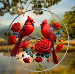 Small Vibrant 2D Cardinal Bird and Rose Suncatcher-Acrylic-Stained Glass Look 4″