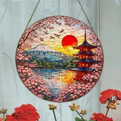 Japanese Pagoda Mount Fuji Suncatcher Glass Scenic Landscape Home Decor Gift